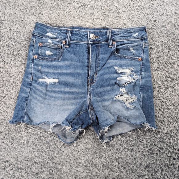 American Eagle Shorts Women 8 Blue Stretch Distressed Hi Rise Shortie Denim - Picture 2 of 8